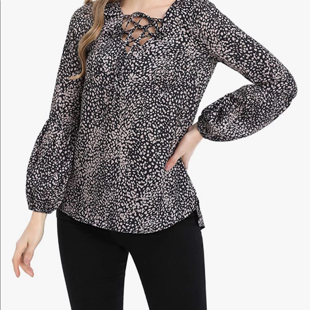 Leopard Print Long Sleeve Lace up V Neck High Low Blouse Top